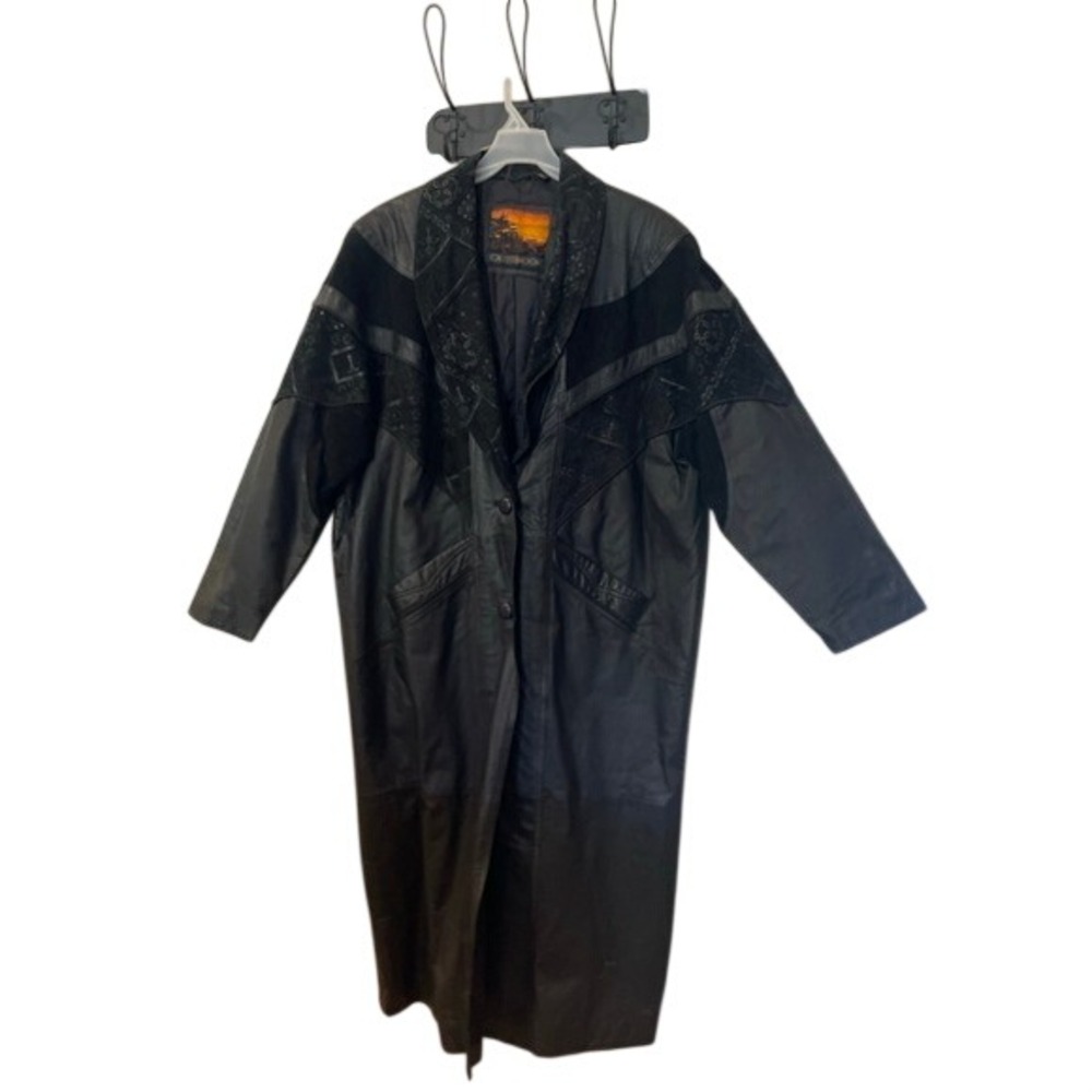 Outbrook Leather Duster Coat Black Vintage Embossed Suede Patchwork‎ Trench 2X